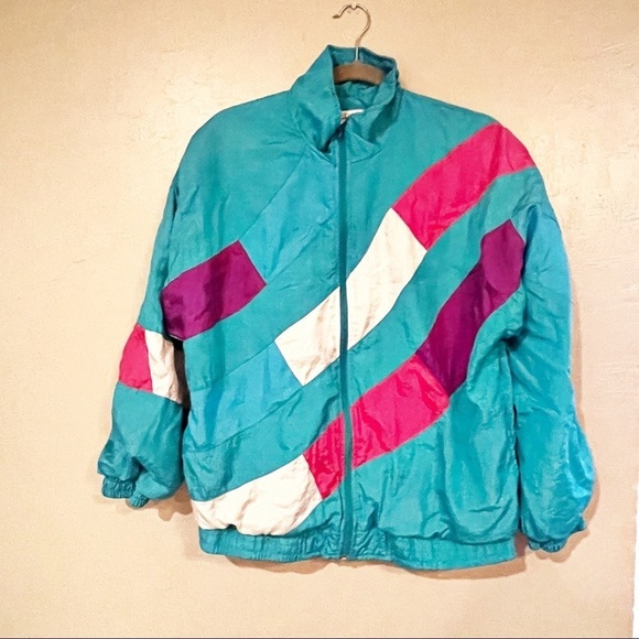 Vintage‎ Neon Color Block Retro Geometric Abstract Windbreaker Jacket - Picture 1 of 5